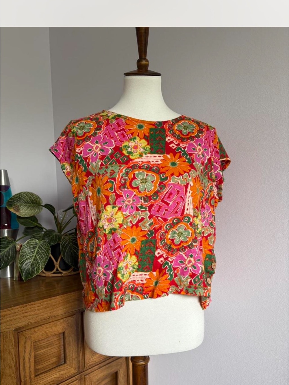 Nicole Miller Bright Linen Floral Blouse - Pink, Orange & Green